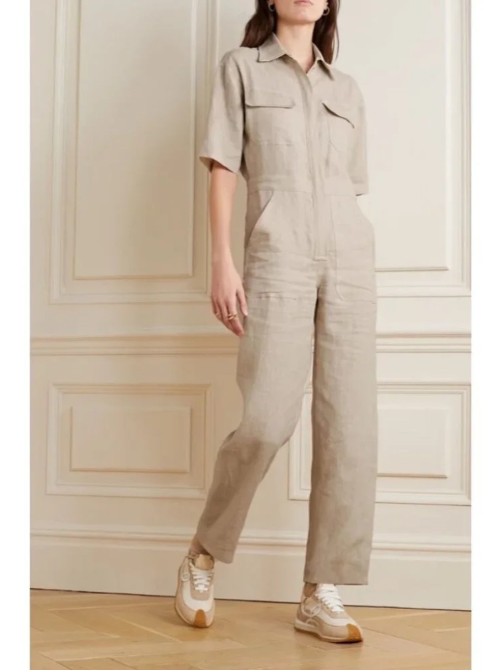 Rivet Utility, Worker Linen Jumpsuit, Short Sleeved, Ecru, Size M